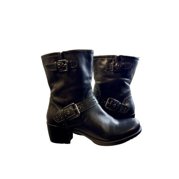 Earth Shoes Denali Altitude Leather Moto Biker Boot Black Studded Womens 7.5 EUC - Picture 2 of 9